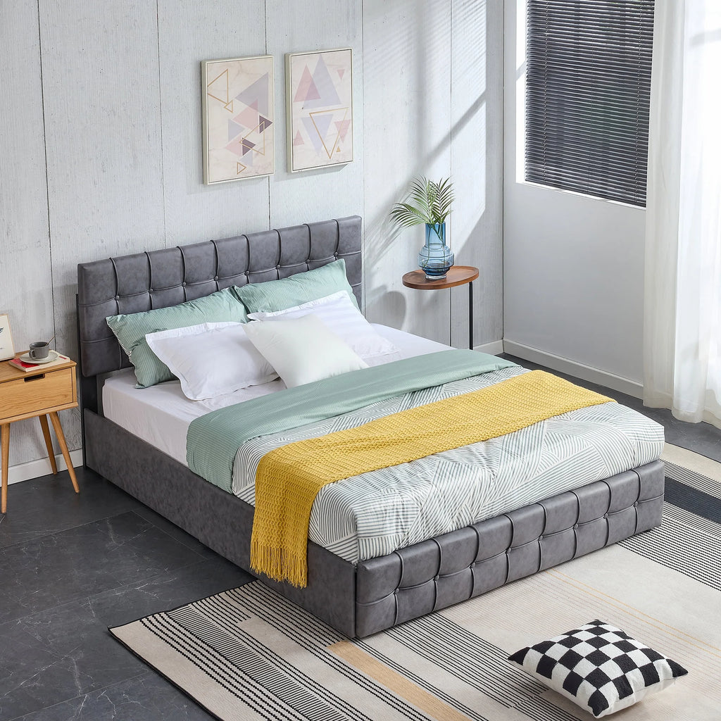 Queen Size Grey Upholstered Platform Bed Frame with 4 Storage Drawers E657