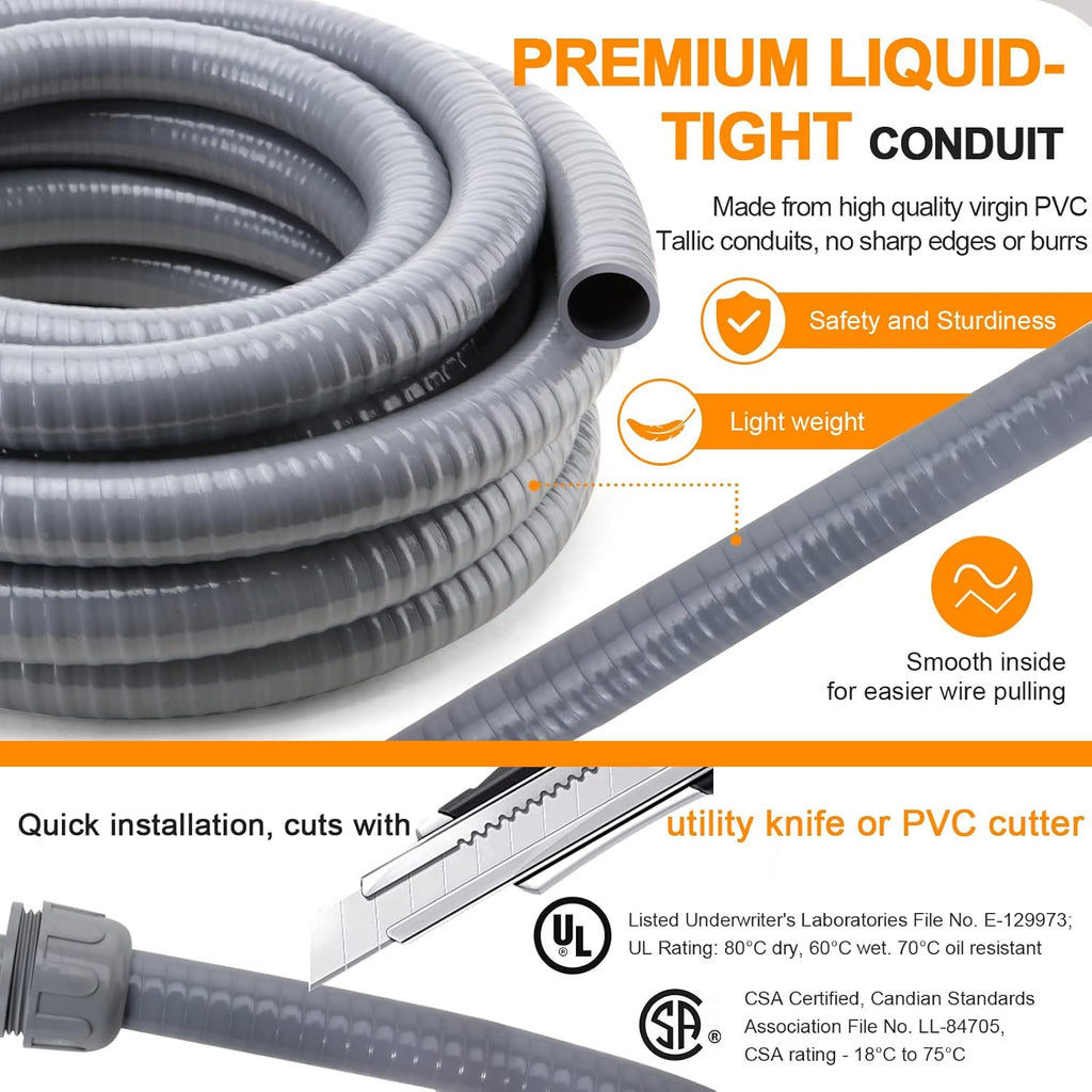 1 in. 100ft Flexible Non Metallic Liquid Tight Electrical Conduit Kit with 5 Straight and 3 Angle Fittings X9503