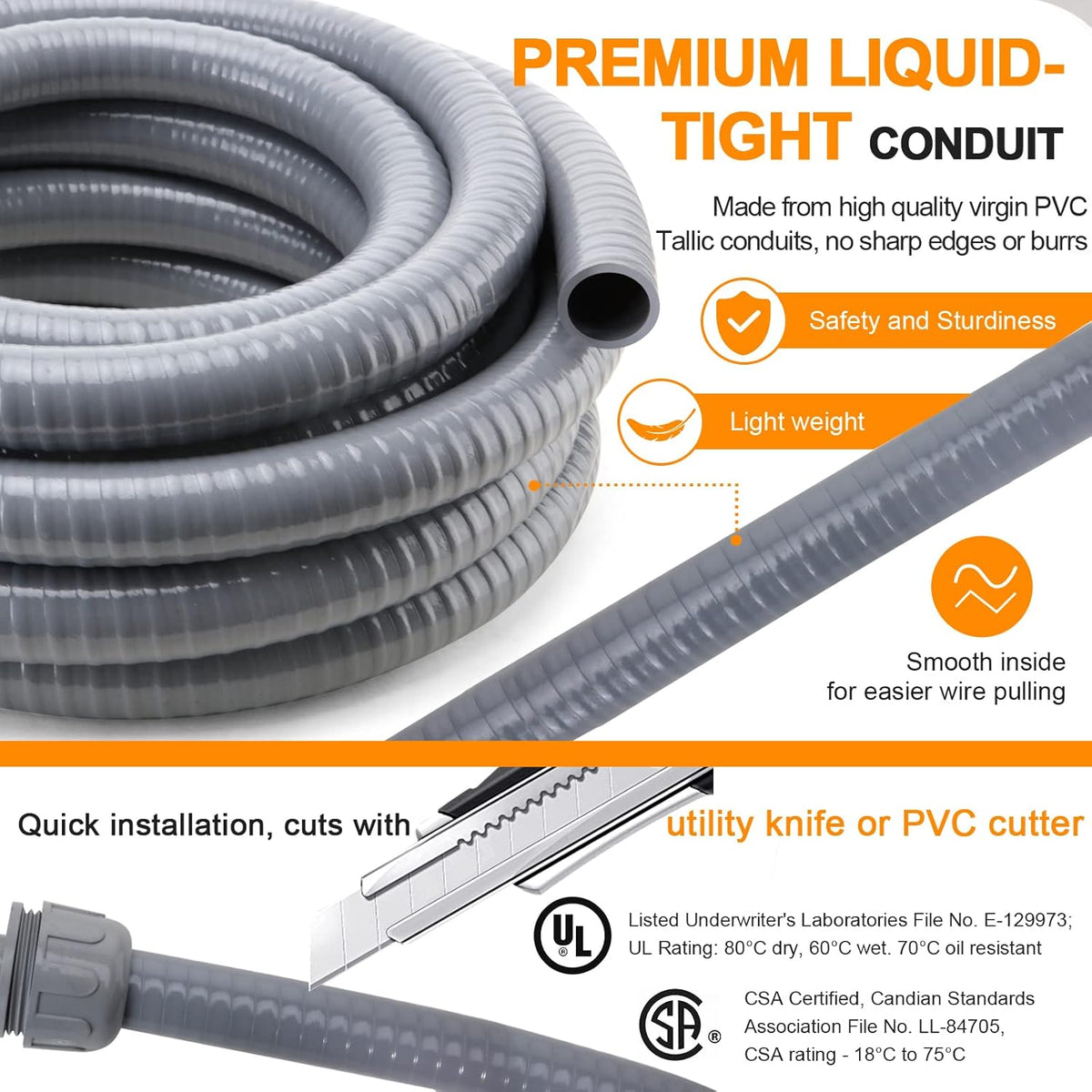 1 in. 100ft Flexible Non Metallic Liquid Tight Electrical Conduit Kit with 5 Straight and 3 Angle Fittings X9503