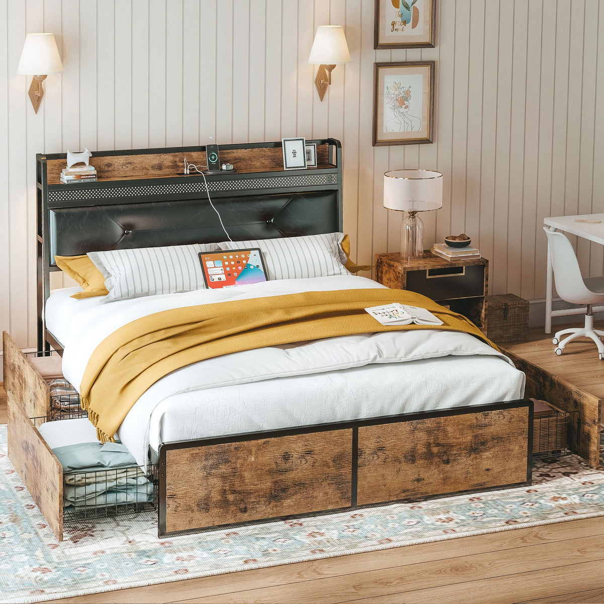 Queen Bed Frame with Upholstered Headboard and 4 Storage Drawers O2479
