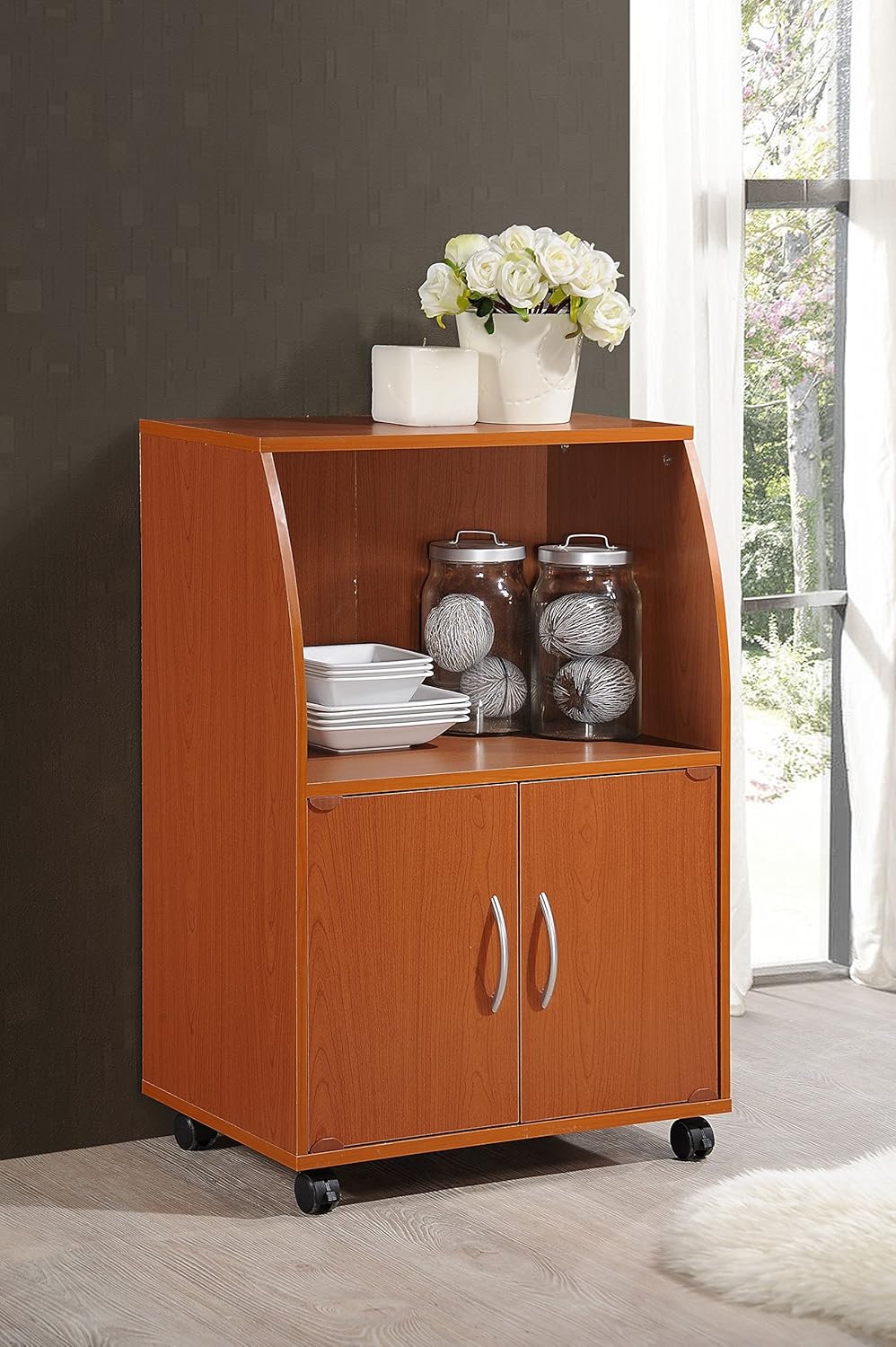 Cherry Mini Microwave Cart with Two Doors and Shelf T38497
