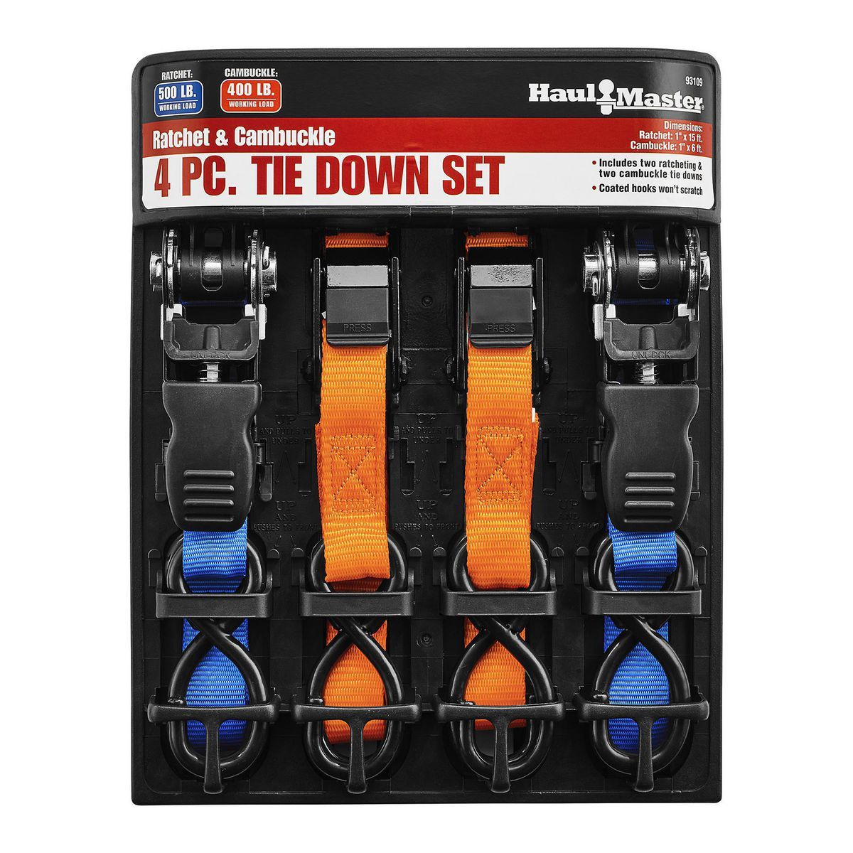400/500 lb. Capacity Cam Buckle And Ratcheting Tie Down Assortment, 4-Pack I728