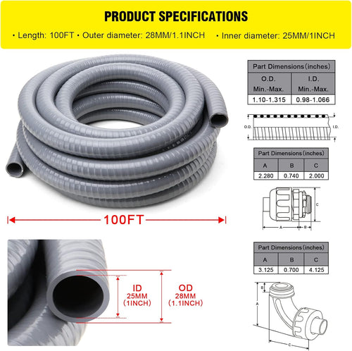 1 in. 100ft Flexible Non Metallic Liquid Tight Electrical Conduit Kit with 5 Straight and 3 Angle Fittings X9503