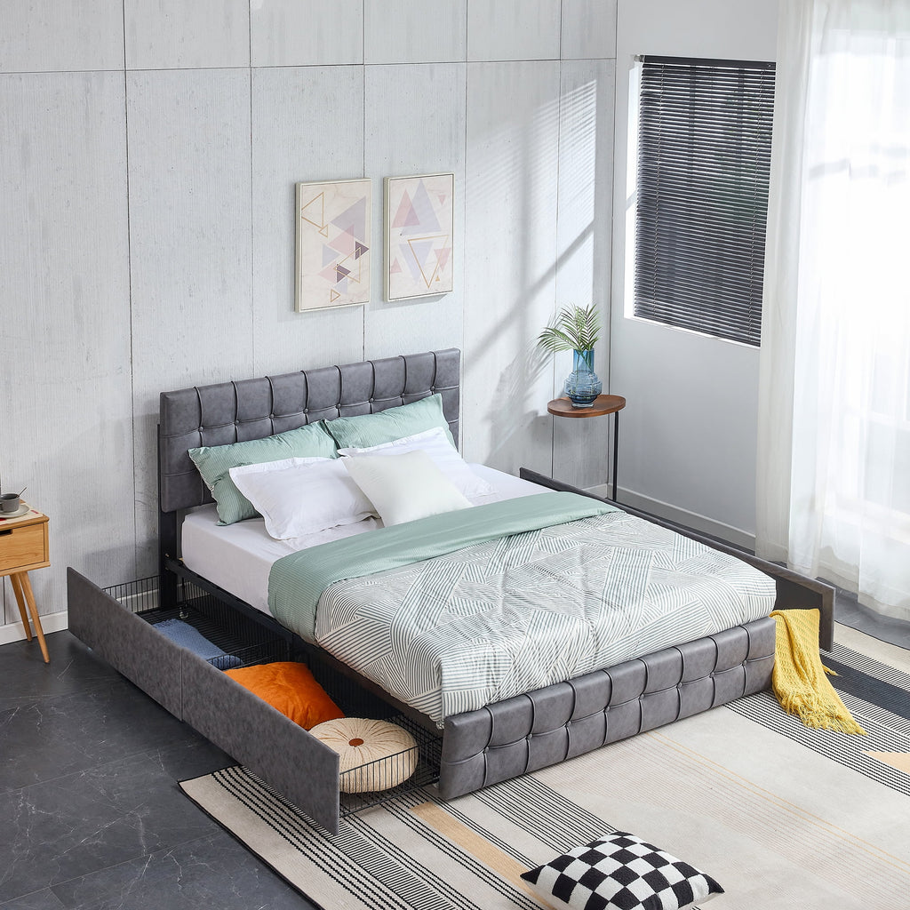 Queen Size Grey Upholstered Platform Bed Frame with 4 Storage Drawers E657