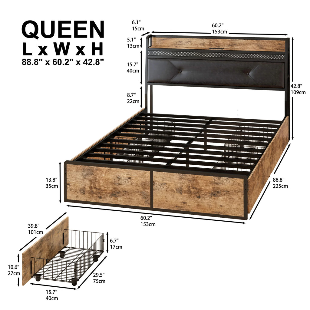 Queen Bed Frame with Upholstered Headboard and 4 Storage Drawers O2479